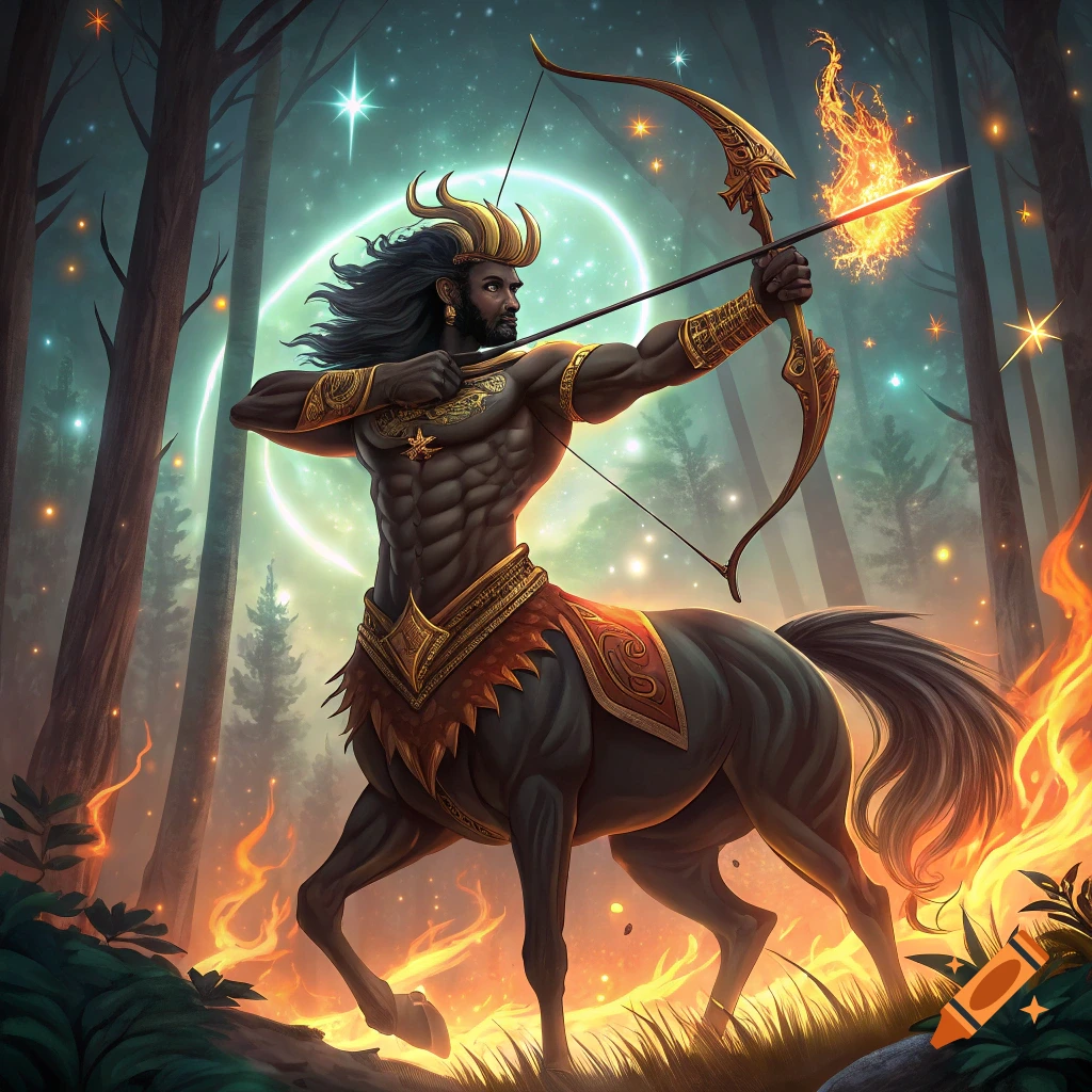 A powerful dark-skinned centaur archer with golden armor shoots a fiery arrow in a magical forest.