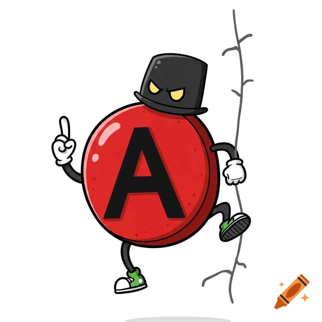 Cartoon character based on the letter A, wearing a top hat and climbing