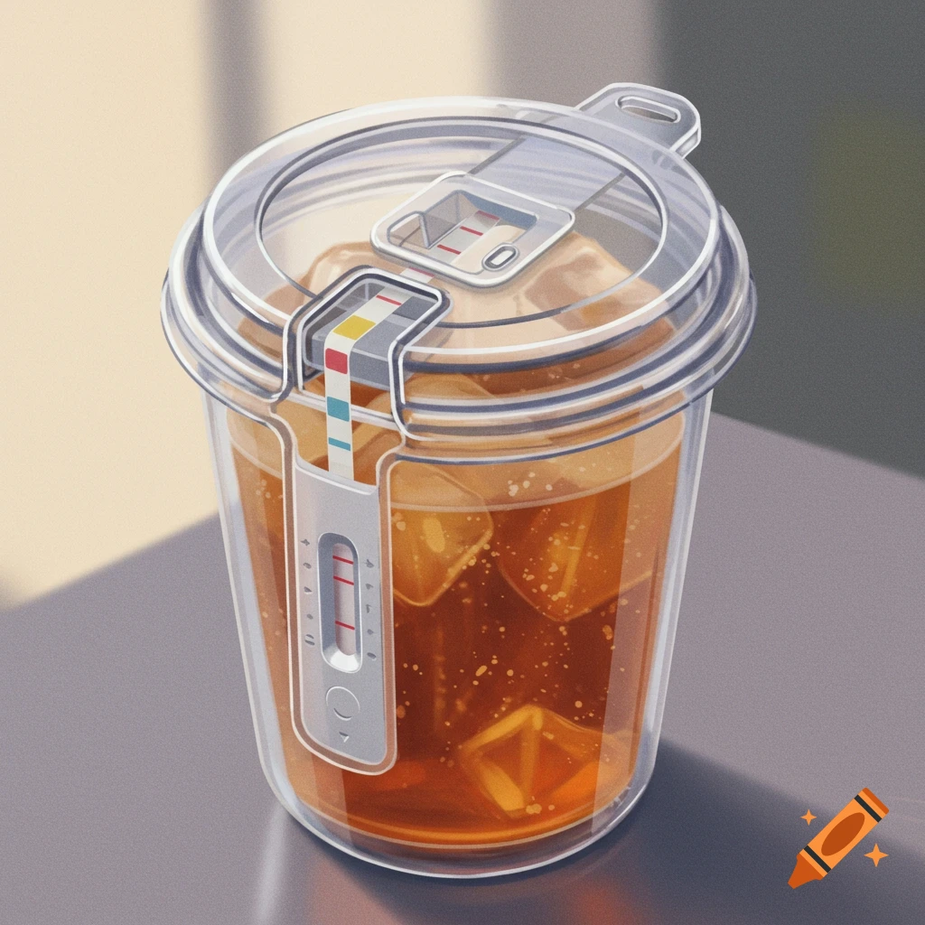 An iced drink with a clear lid and a novelty testing strip.