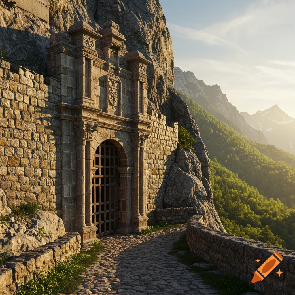 Stone gateway on a mountain path leading to a fortress entrance at sunset.