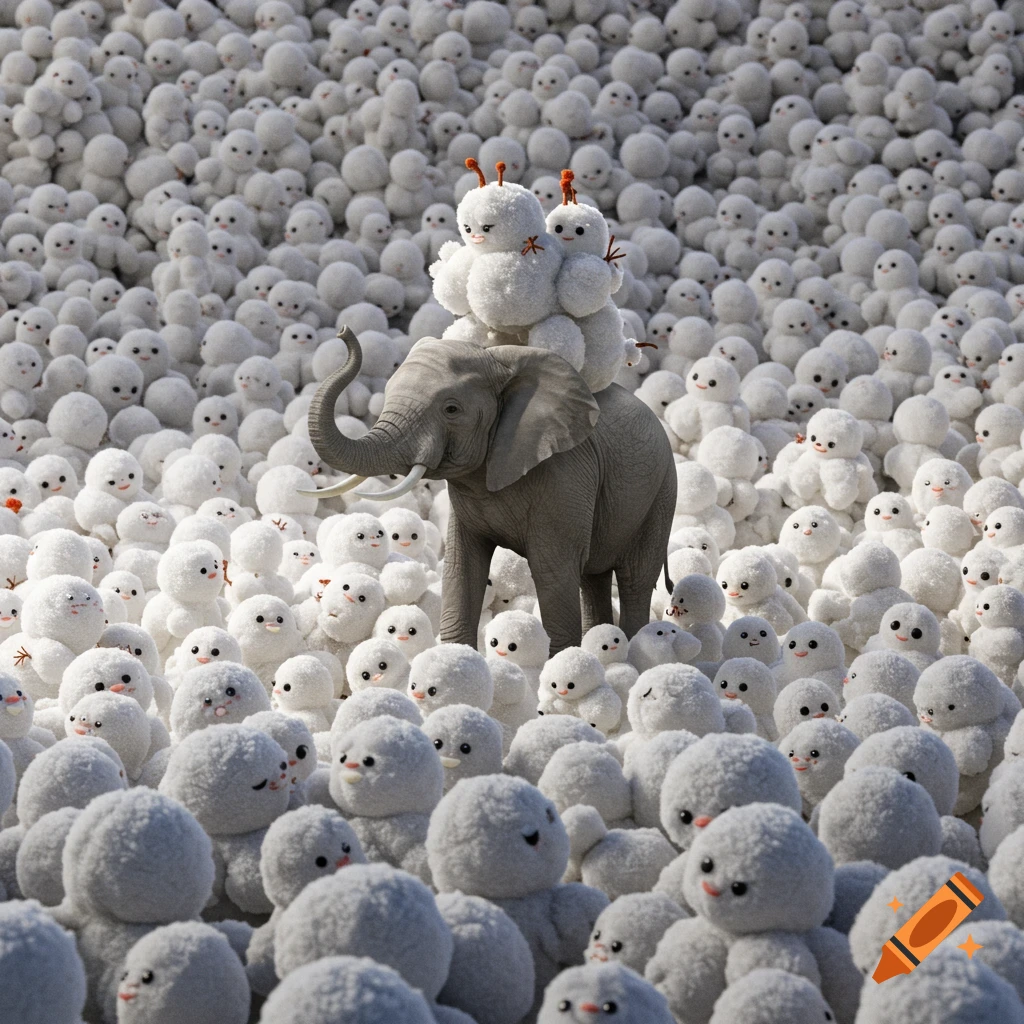 An elephant stands atop a pile of fluffy white creatures in a field full of them.