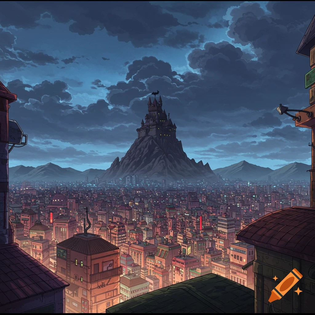 Anime cityscape at night with a castle on a mountain.