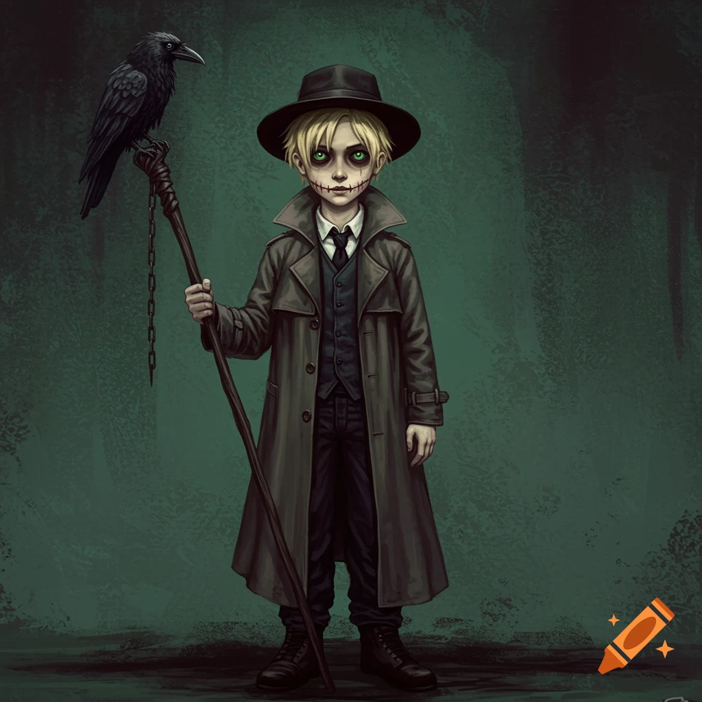 A creepy boy with a scarred face wears a trench coat and hat. A raven perches on his staff.