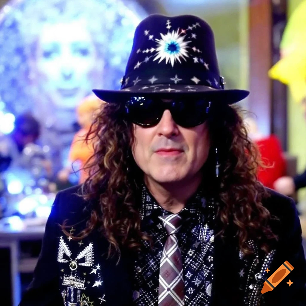 A man resembling Weird Al Yankovic in a decorated hat, sunglasses, patterned shirt, and tie
