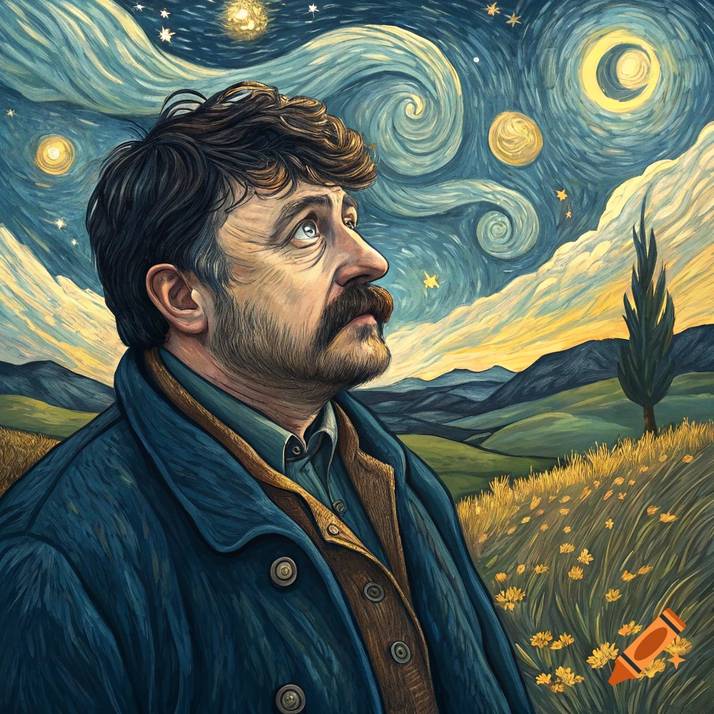 A portrait of a man in a blue coat looking up at a swirling starry sky in the style of Van Gogh.