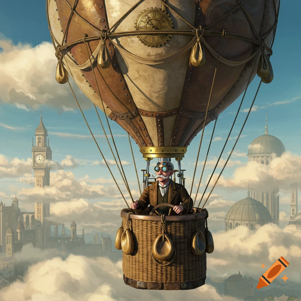 Steampunk pilot in a hot air balloon flying over a city.