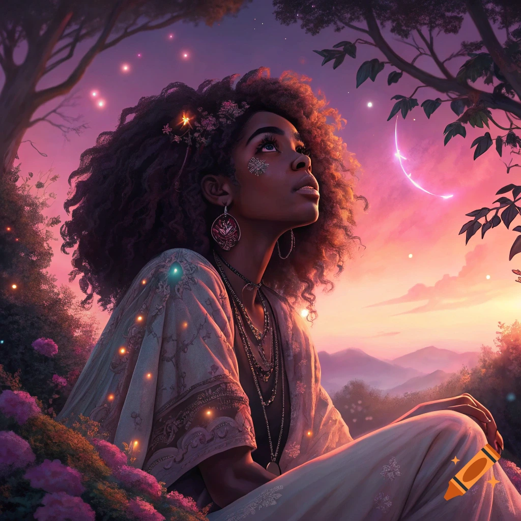 A woman with voluminous curly hair sits in a magical forest at sunset, looking up at a pink-purple sky with a glowing crescent moon.