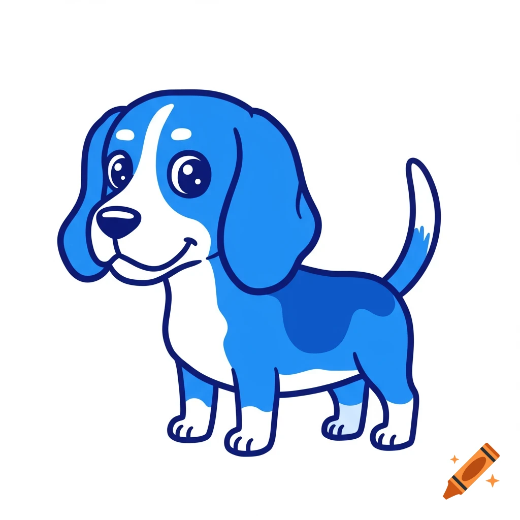 A cute blue and white cartoon beagle stands facing left.