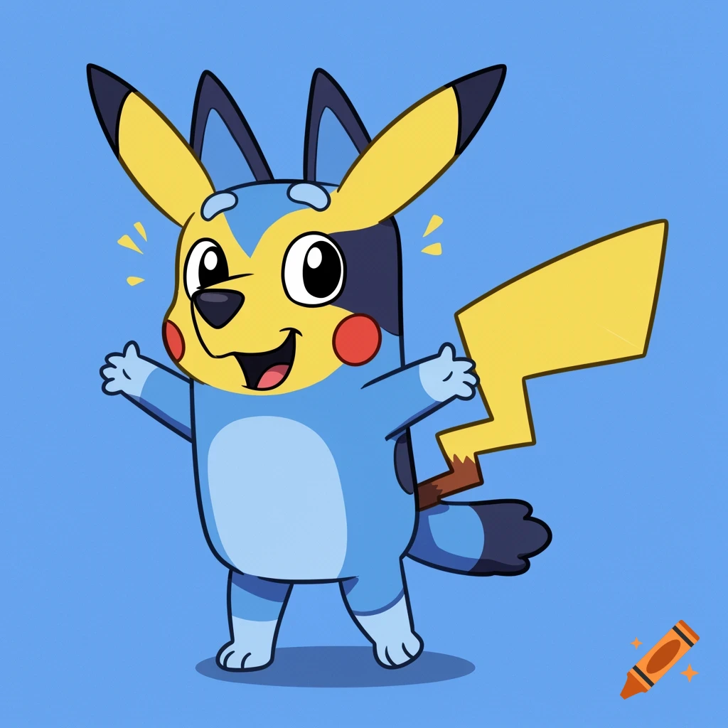 Cartoon fusion character of Bluey and Pikachu standing on a blue background