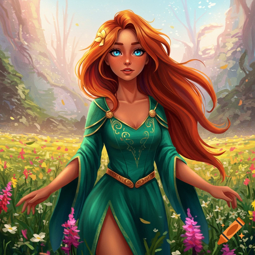 A woman with long red hair in a green dress stands in a field of flowers.