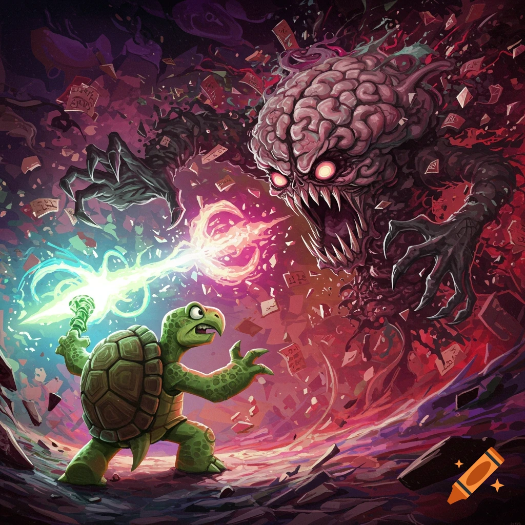 Cartoon turtle fights a monstrous brain creature with a glowing sword.