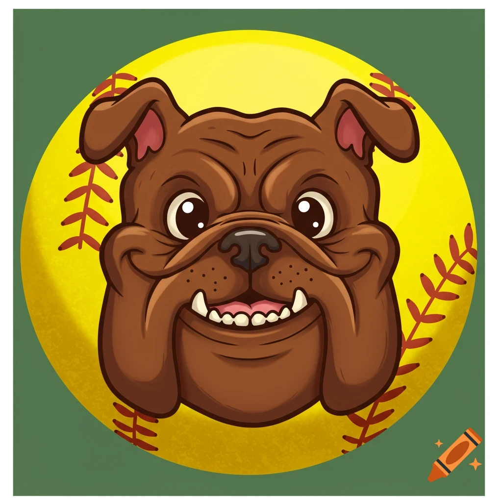 Cartoon bulldog face centered on a yellow softball with red stitching.