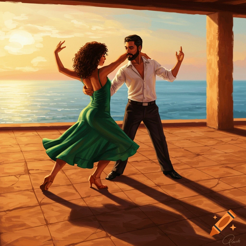 A couple salsa dancing on a terrace overlooking the ocean at sunset.