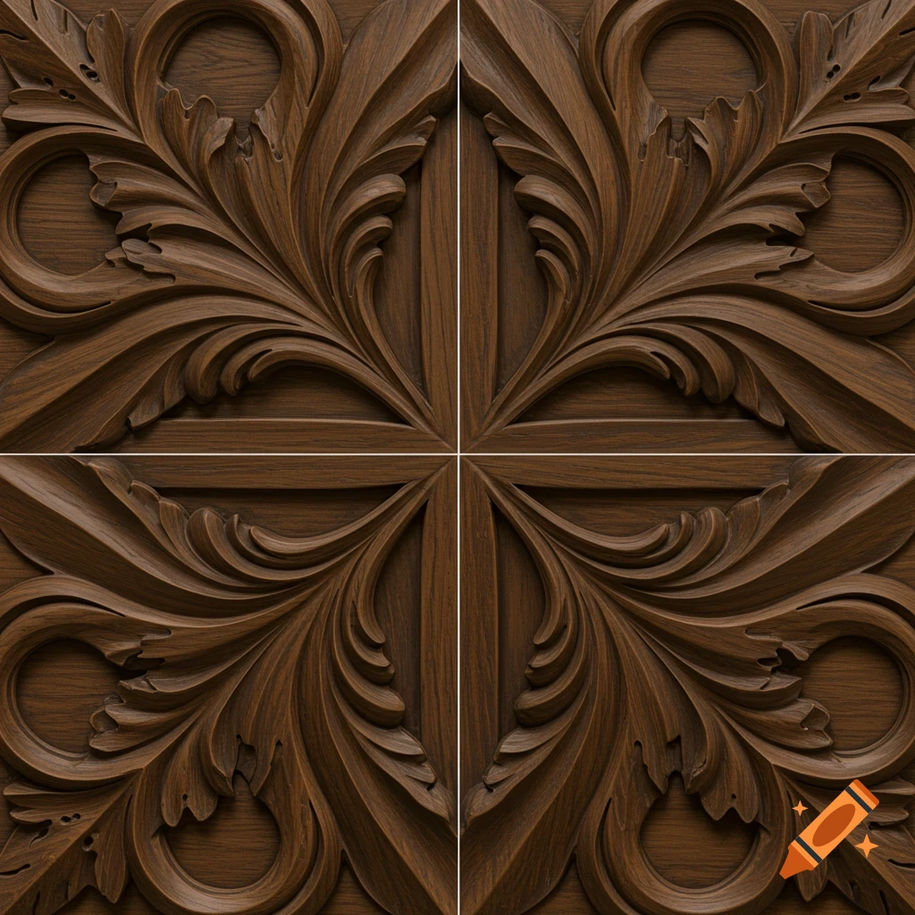 Detailed digital render of ornate dark wood carving panels.
