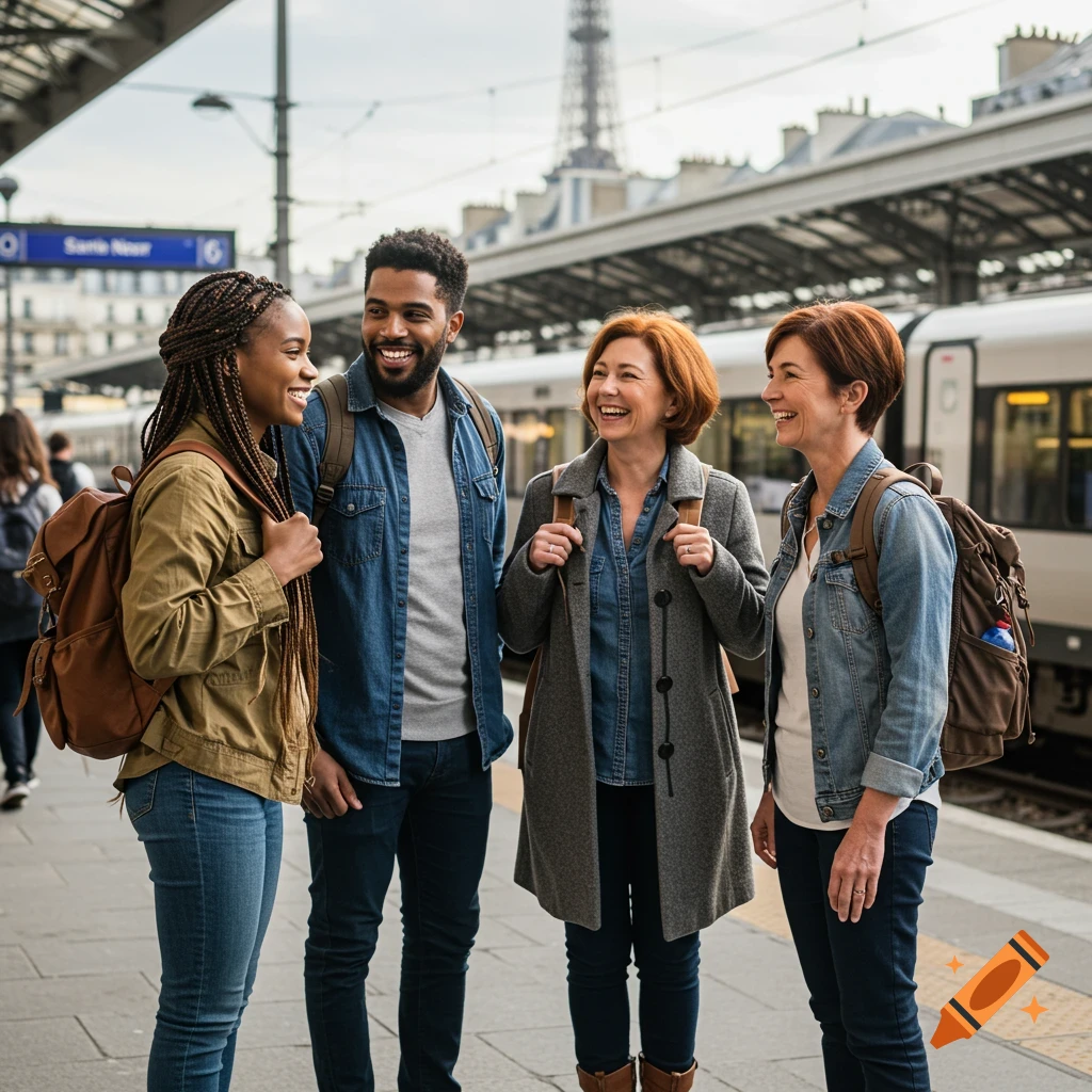 Four friends with backpacks smiling at a train station in Paris.