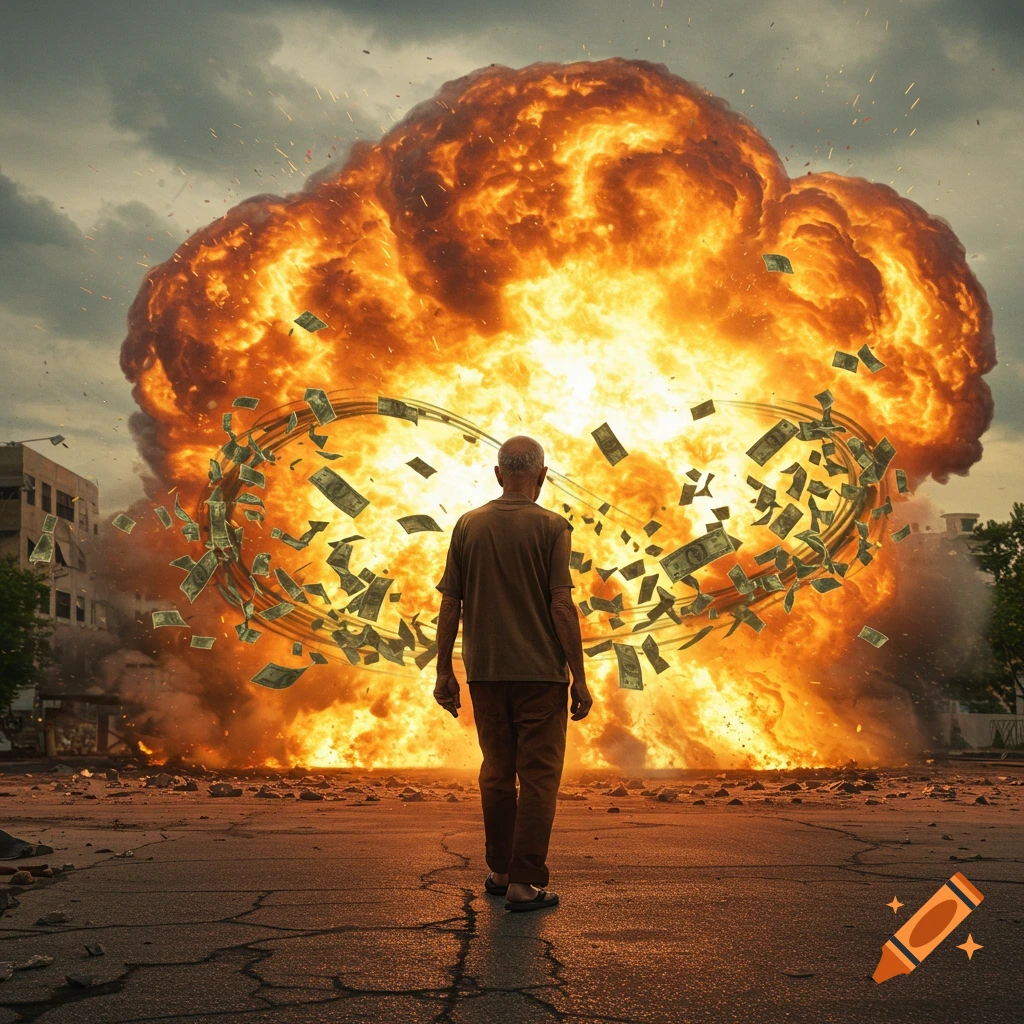 A bald old man walking away from a large explosion as money flies around him.