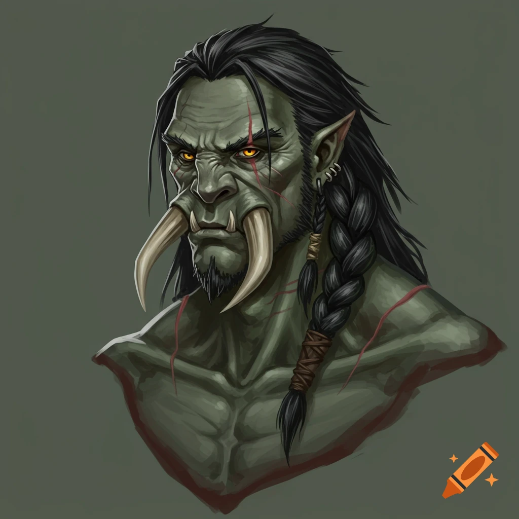Close-up of an orc bust with tusks and a braided beard