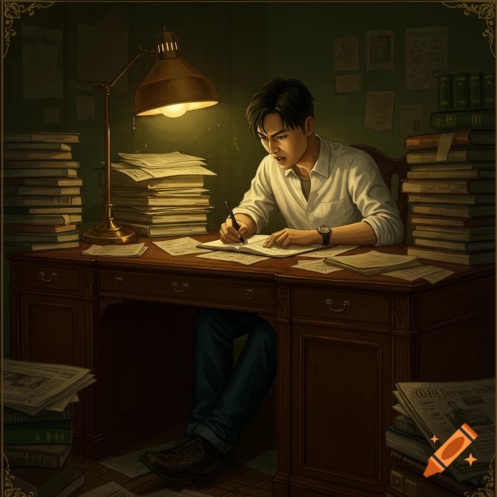 A young man is intensely studying at a cluttered desk under a lamp, surrounded by piles of books and papers.