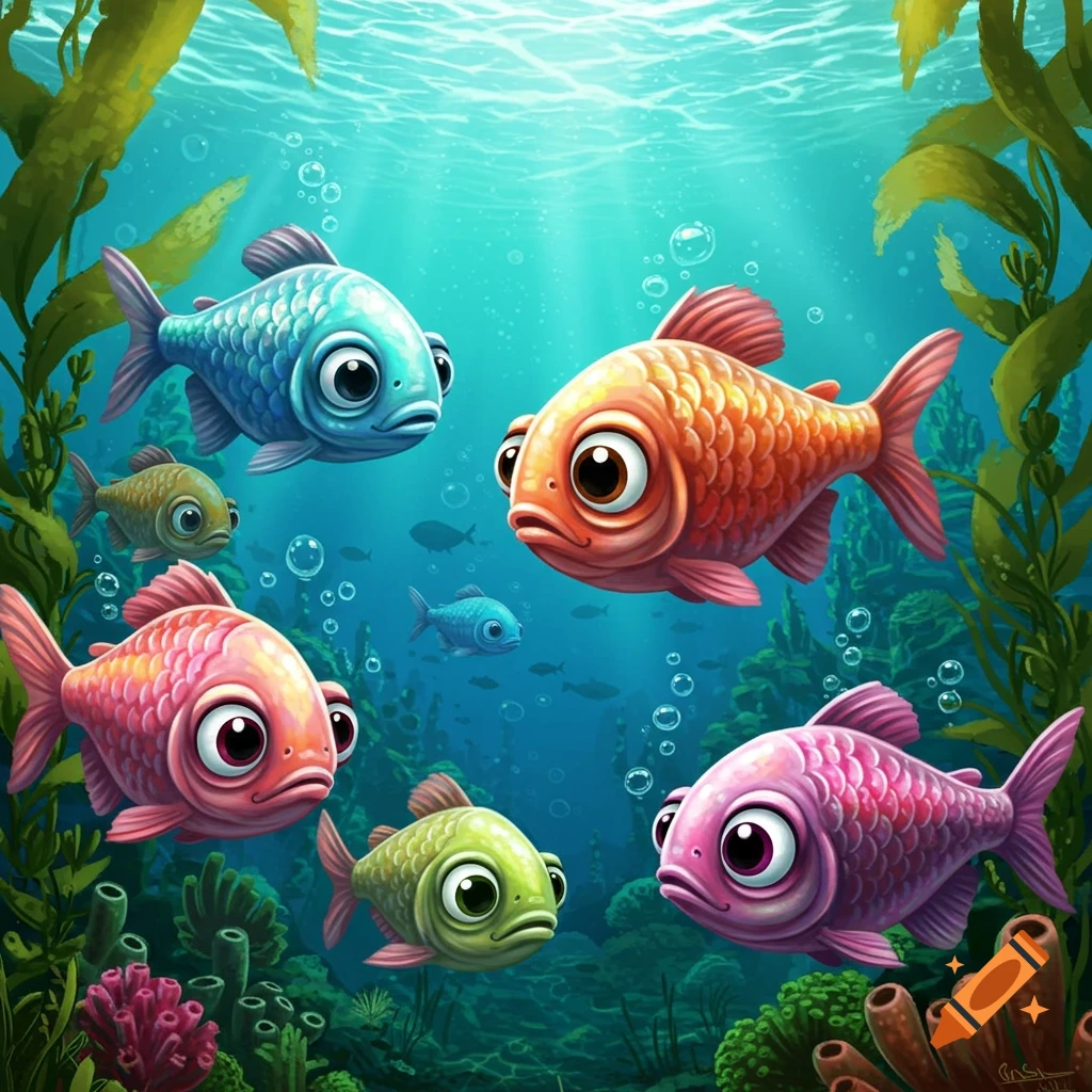 Colorful, big-eyed fish swim underwater with plants and bubbles.