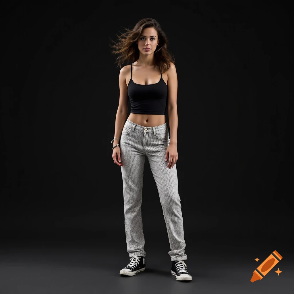 Woman in black crop top and pinstripe pants standing against a black background.