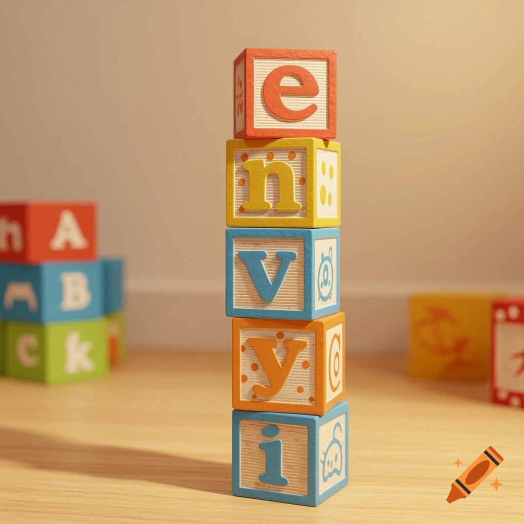 A stack of colorful wooden letter blocks spelling 'envyi' on a wooden floor, with other blocks in the background.