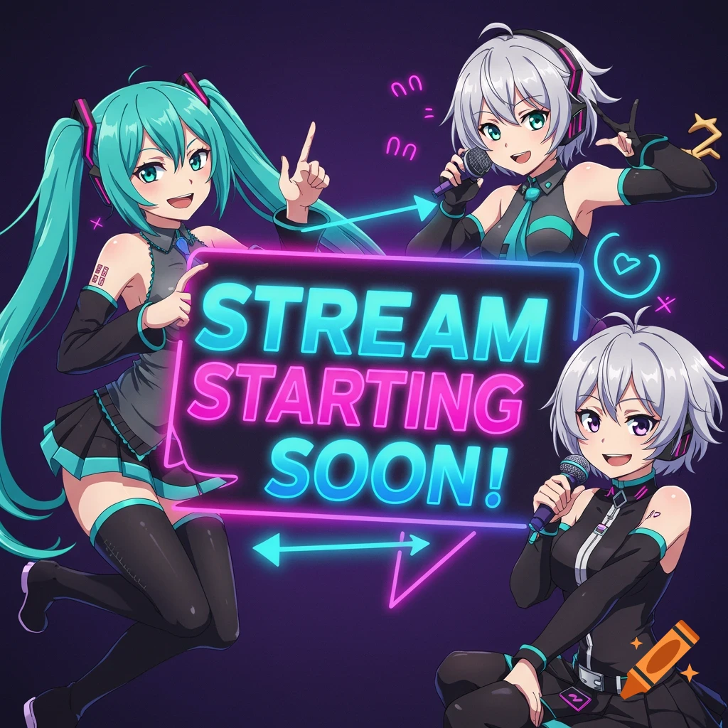 Anime characters pose around a glowing neon sign that reads 'STREAM STARTING SOON!'