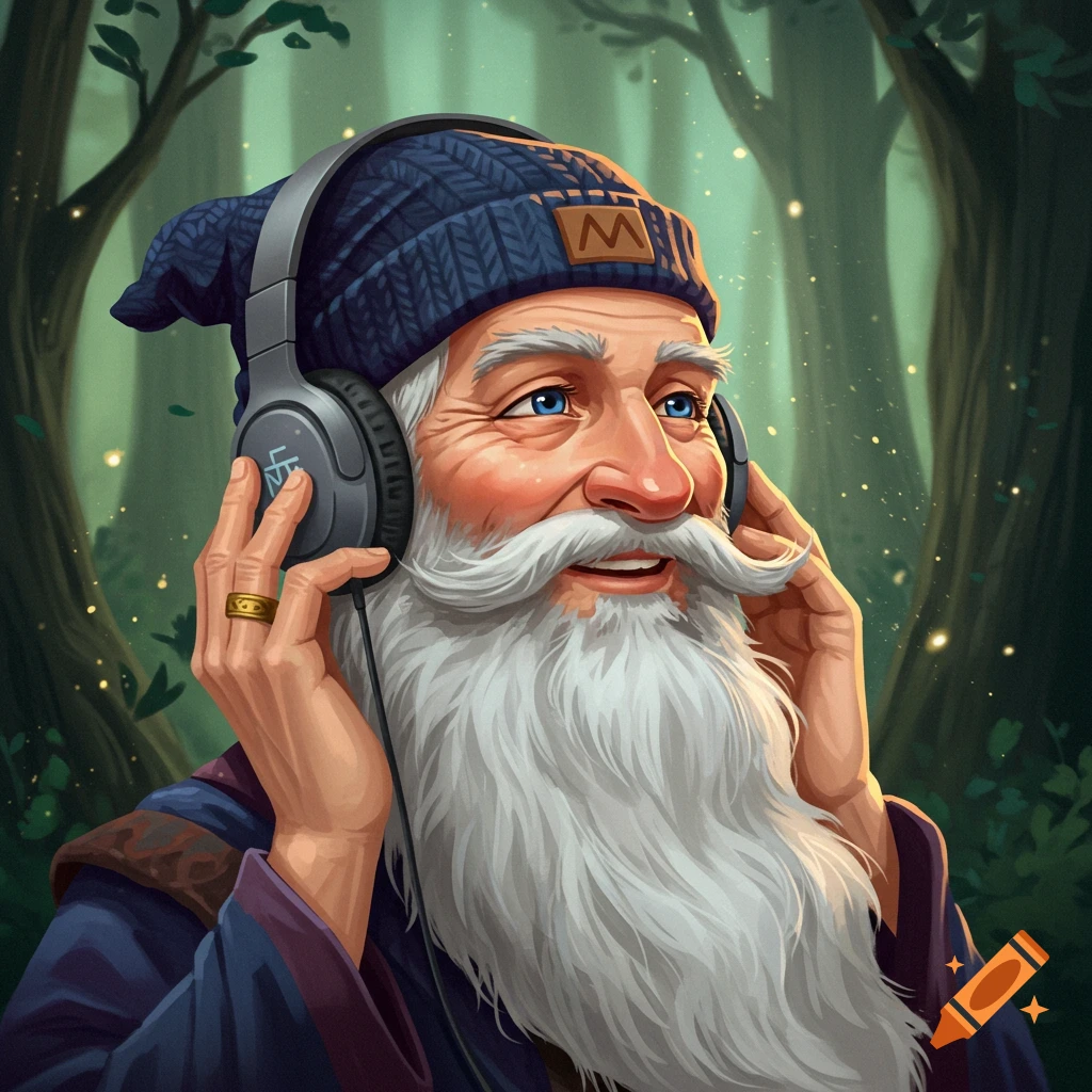 An old wizard in a beanie is listening to music with headphones in a forest.