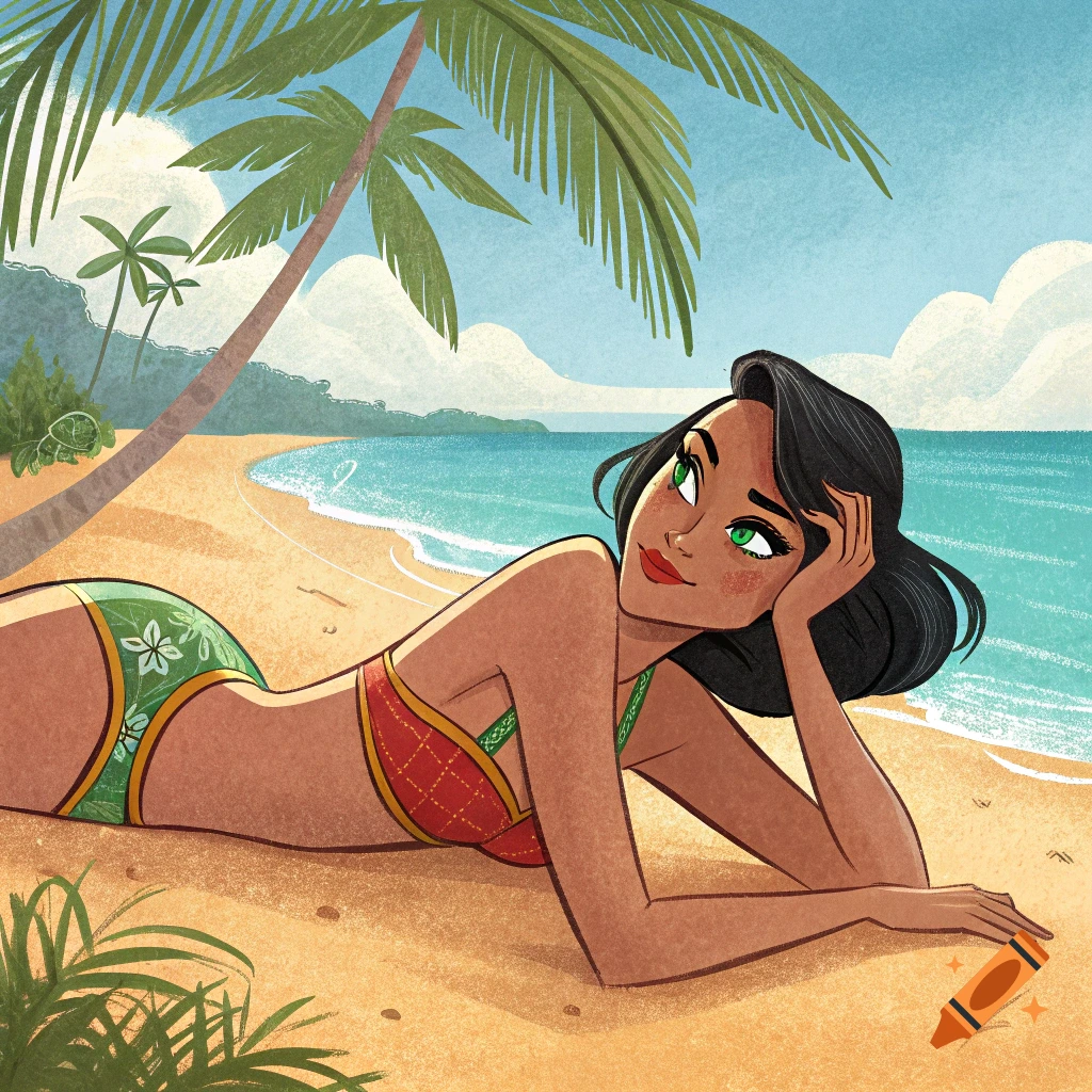 Illustration of a woman in a bikini lying on a tropical beach