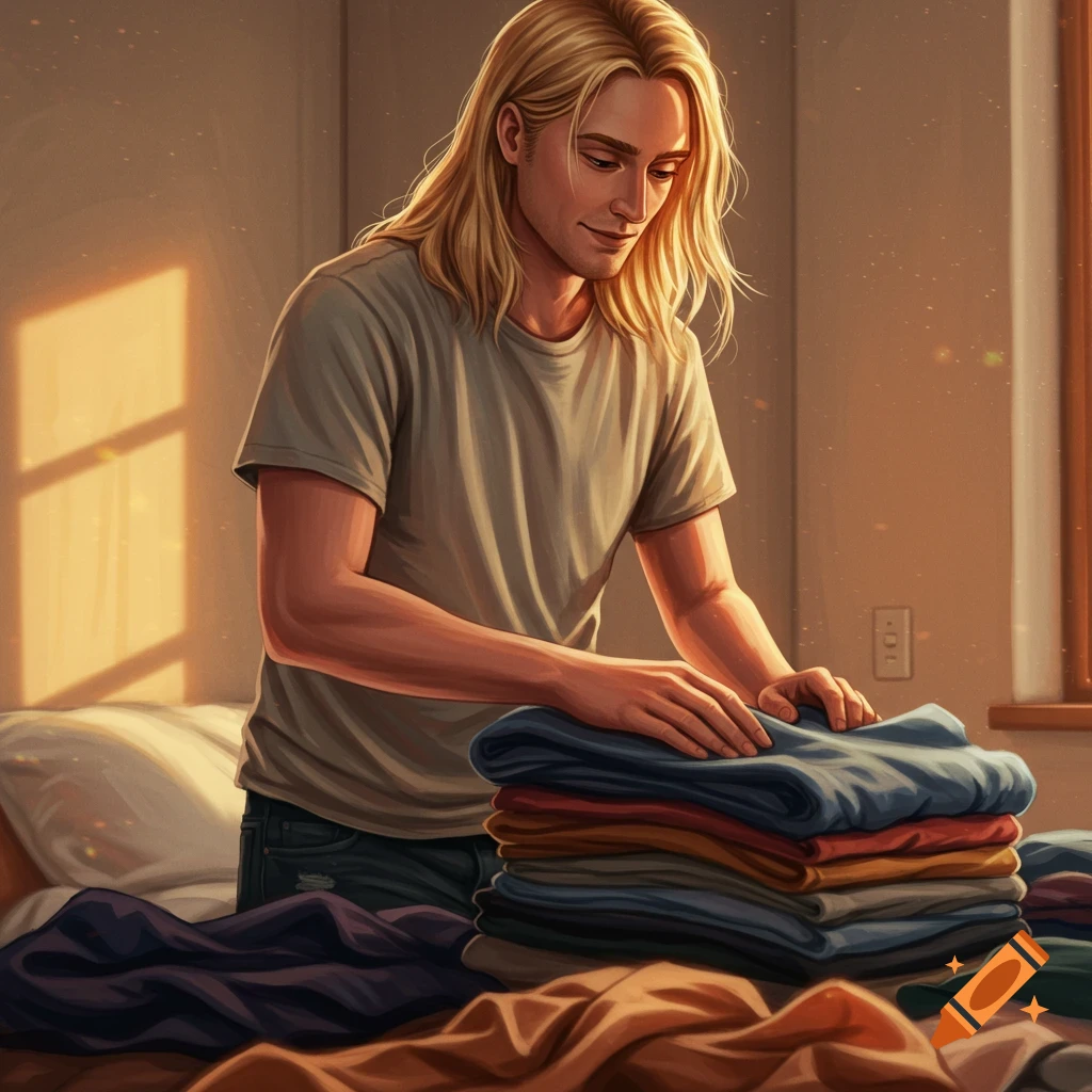A man with long blonde hair folds a stack of clothes on a bed.