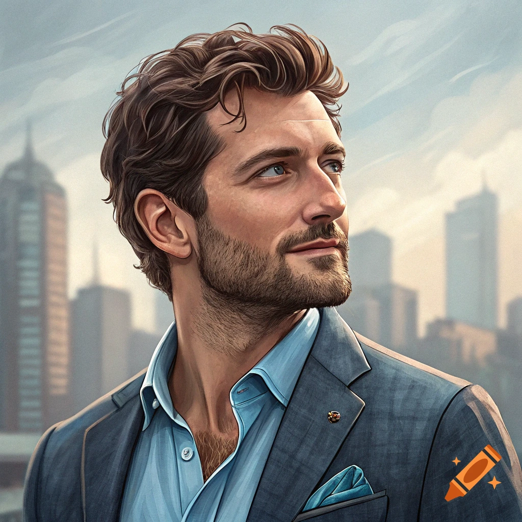 A man in a suit looks up with a city skyline in the background