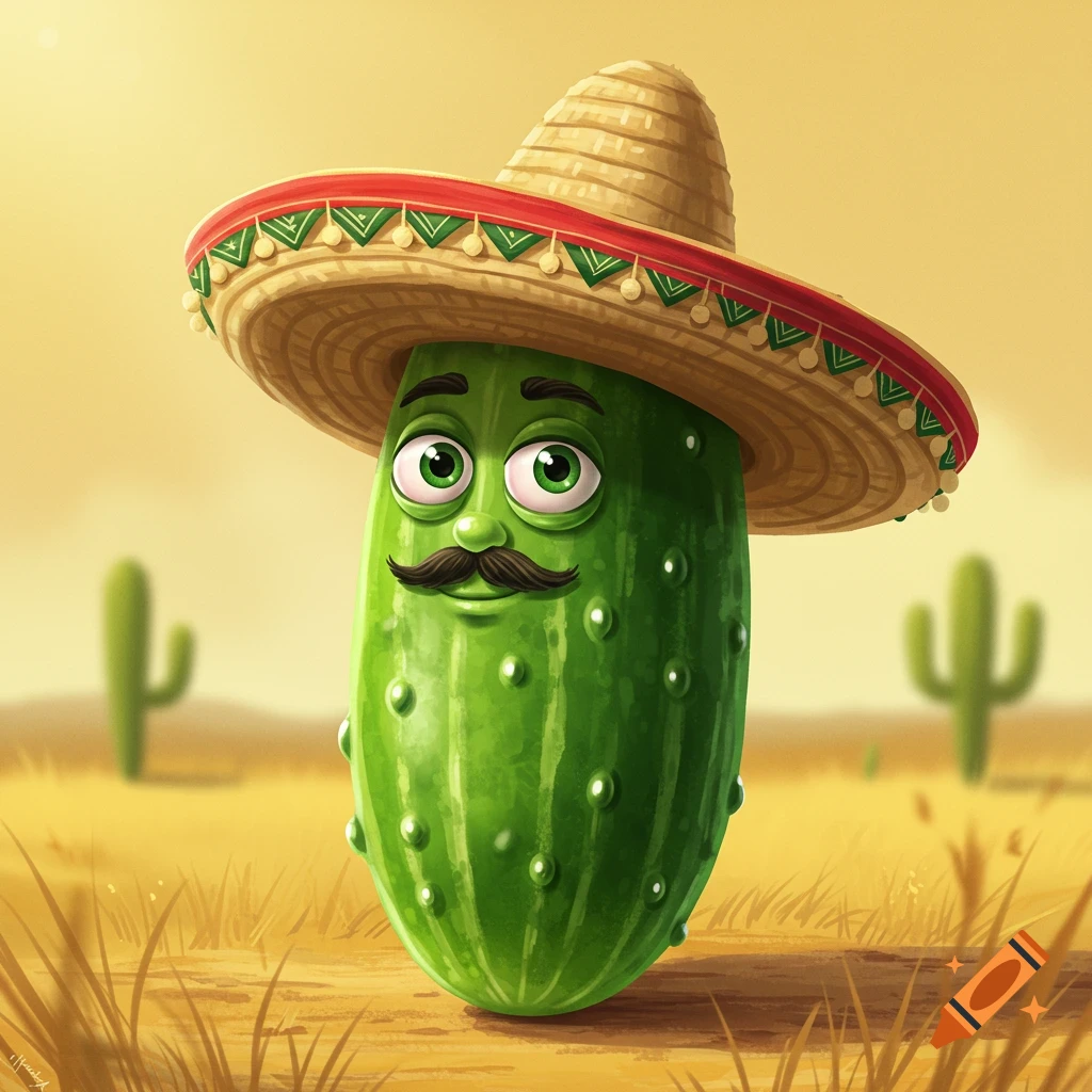 A cartoon cucumber character wearing a sombrero in a desert