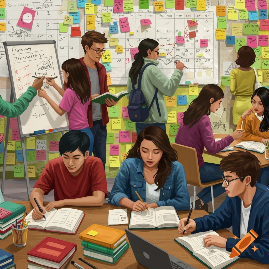 Students studying in a classroom with a whiteboard and sticky notes.