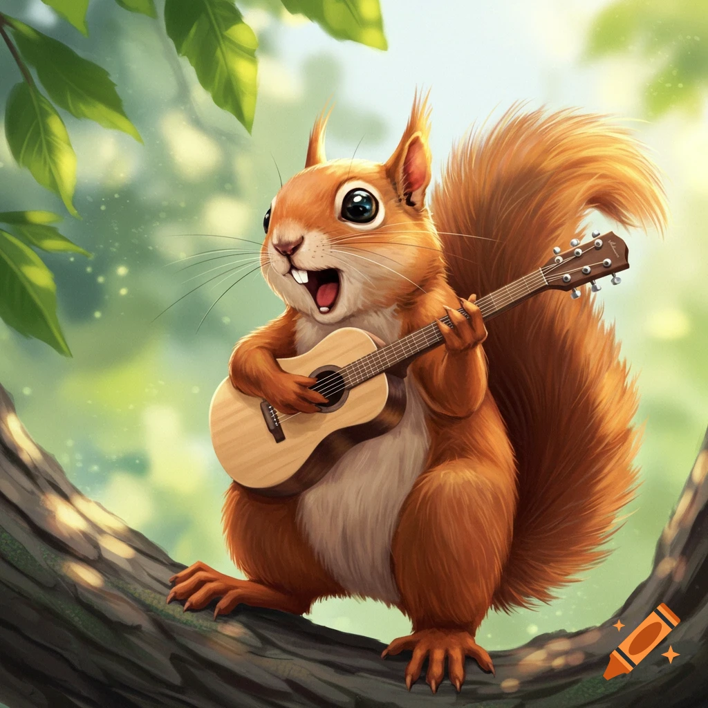A cartoon squirrel sits on a tree branch holding a guitar.