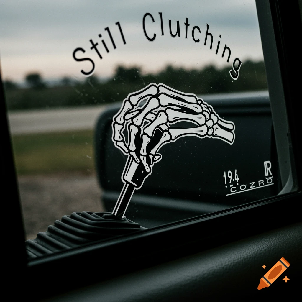 A skeleton hand sticker on a car window holding a gear shift. Text above reads "Still Clutching".