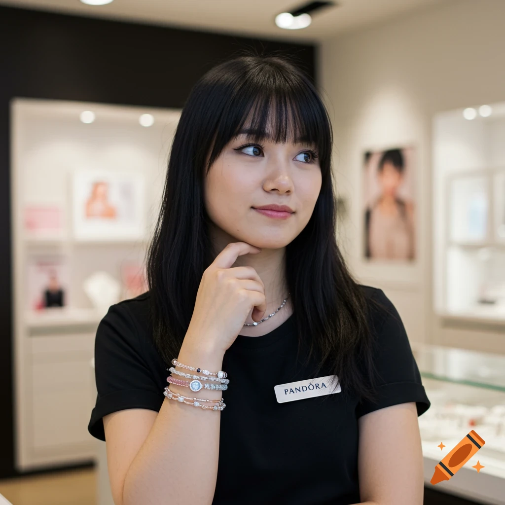 Young woman wearing Pandora jewelry and name tag in a store