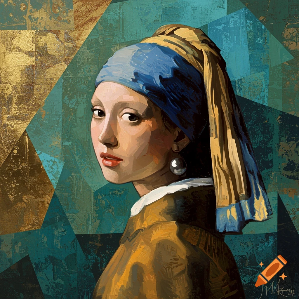 A stylized painting of a woman with a pearl earring in a cubist style against a geometric background.