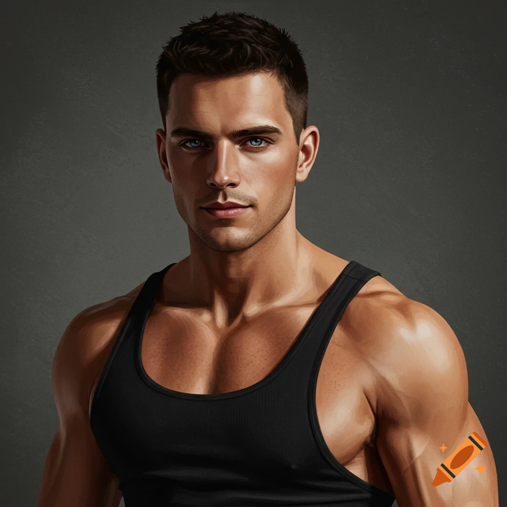 A muscular man in a black tank top stands against a grey background.