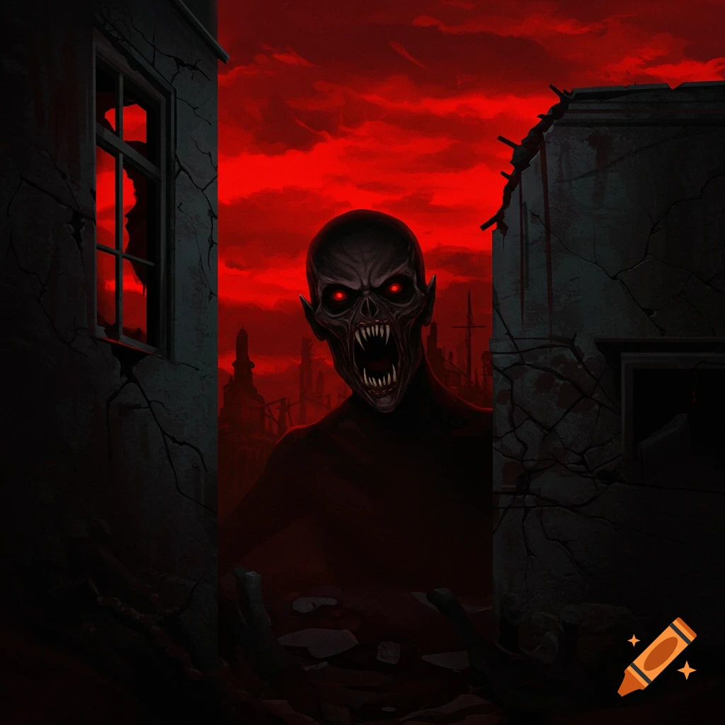 A dark monster with red eyes and fangs emerges from ruins under a red sky.