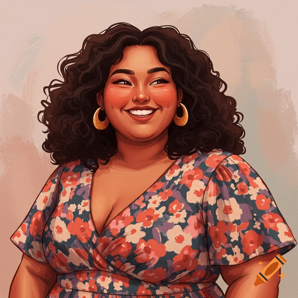 A smiling woman with curly hair and a floral dress.