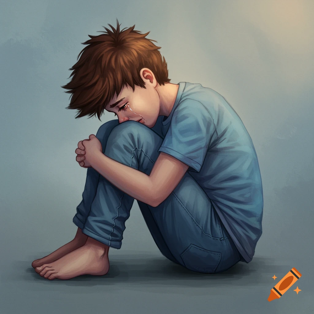 A young boy curled up, crying.