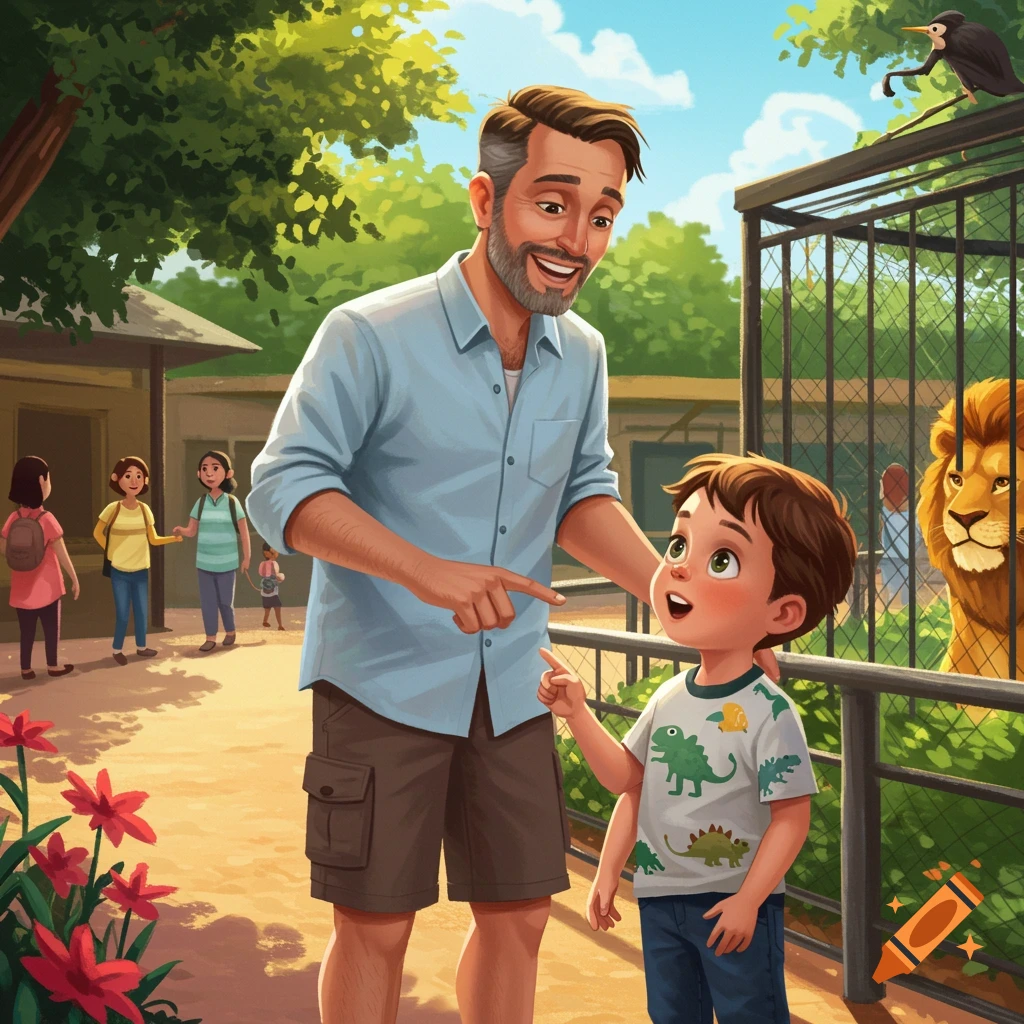 A father and son look at a lion in a zoo enclosure.