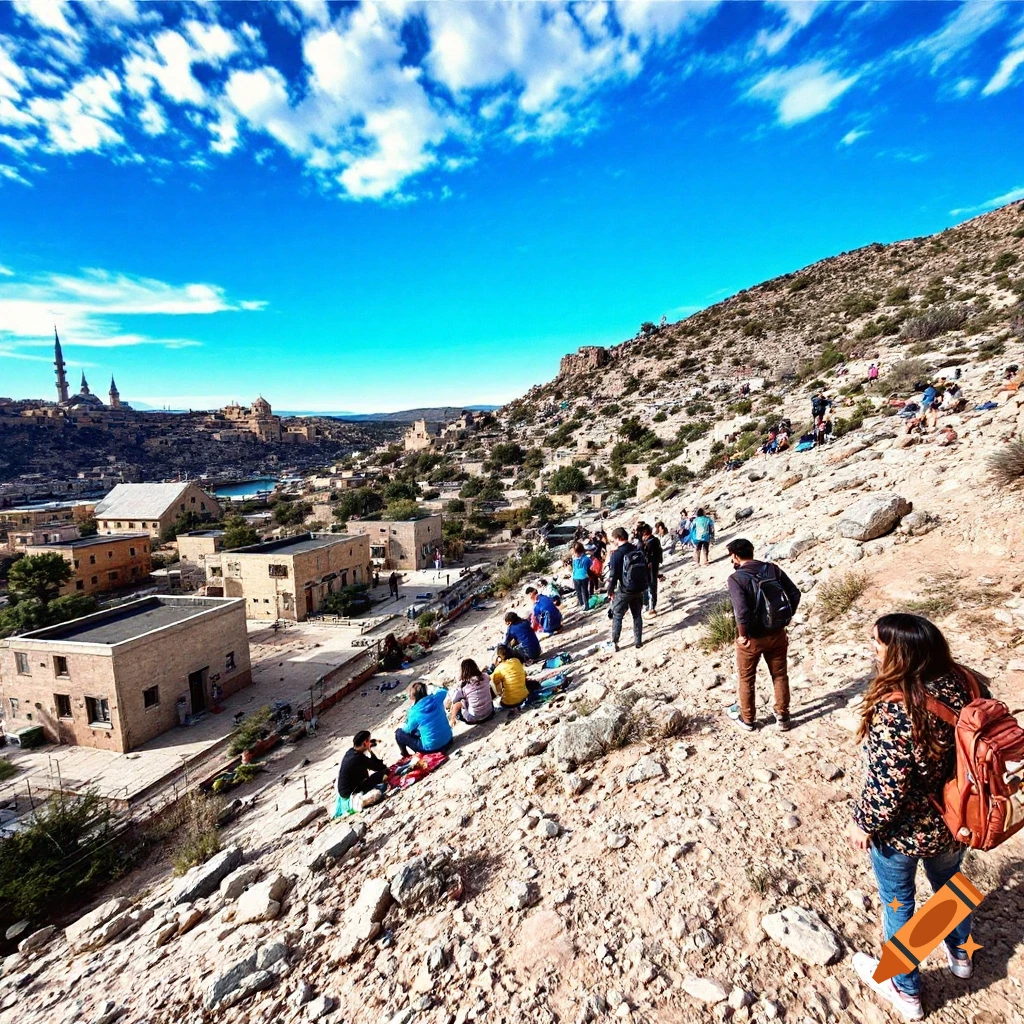 People hike and sit on a rocky hill overlooking a town with buildings and a minaret under a bright blue sky.