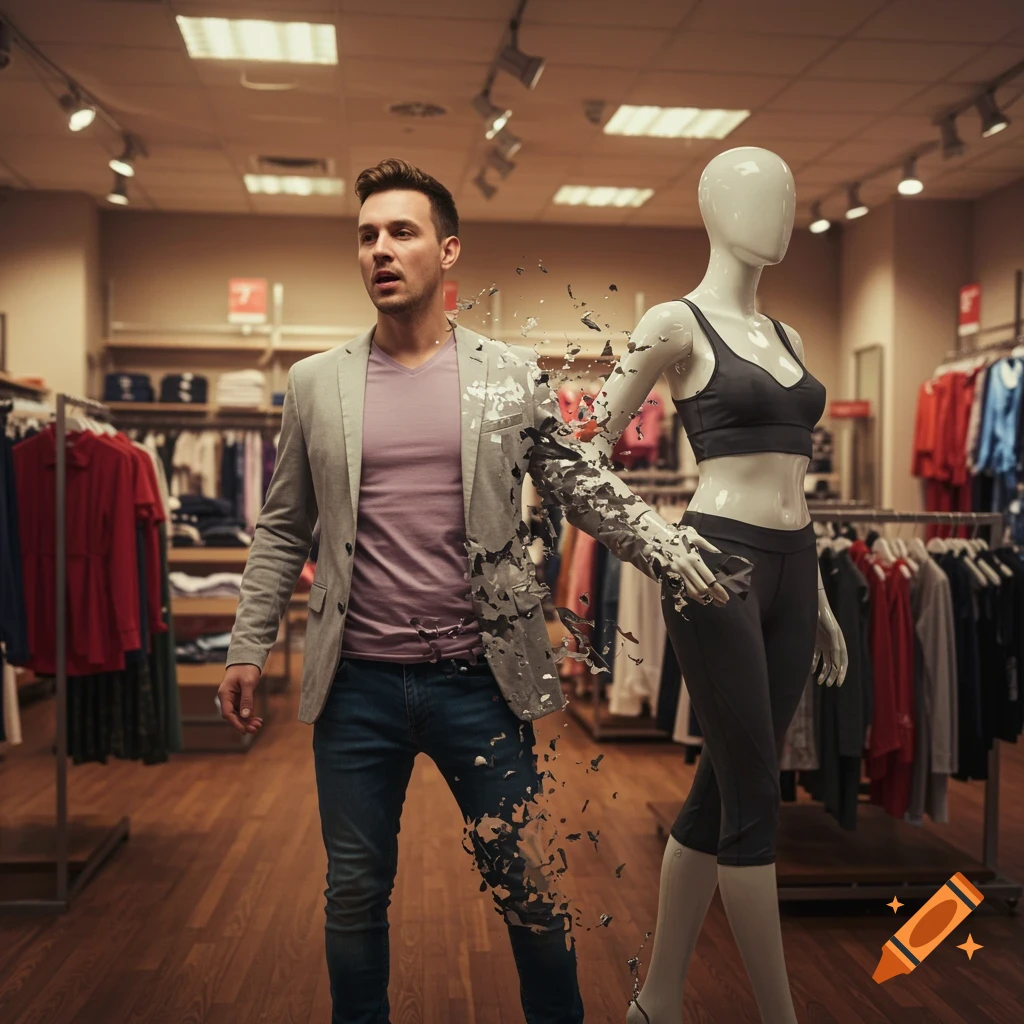 Surreal image of a man transforming into a mannequin in a clothing store.