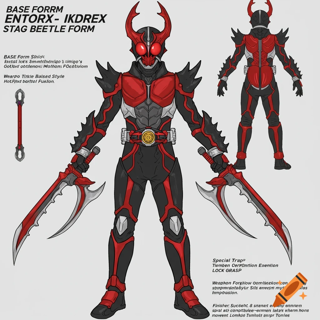 Character design for a red and black stag beetle themed superhero costume with dual weapons.