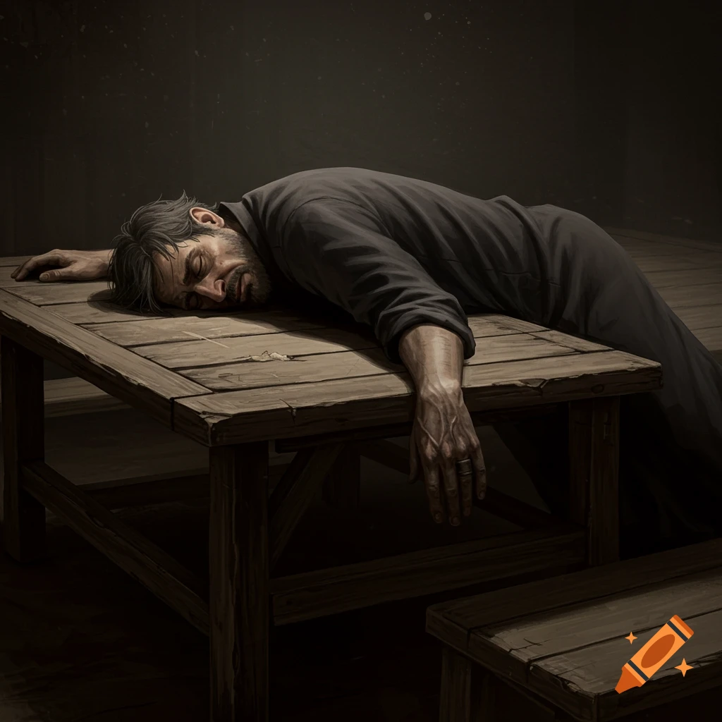 A man is passed out on a wooden table.
