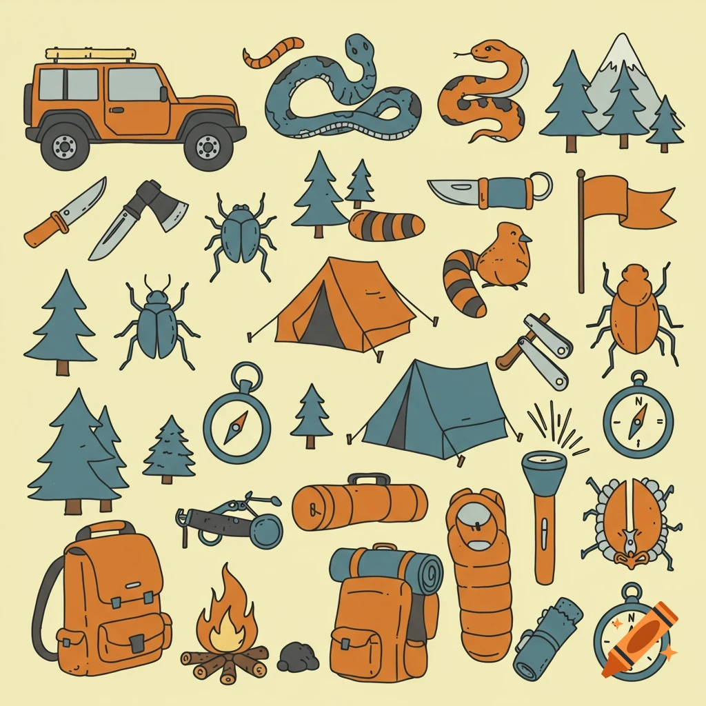 Illustrated camping and outdoor icons including jeep, tents, campfire, compasses, animals, and tools.