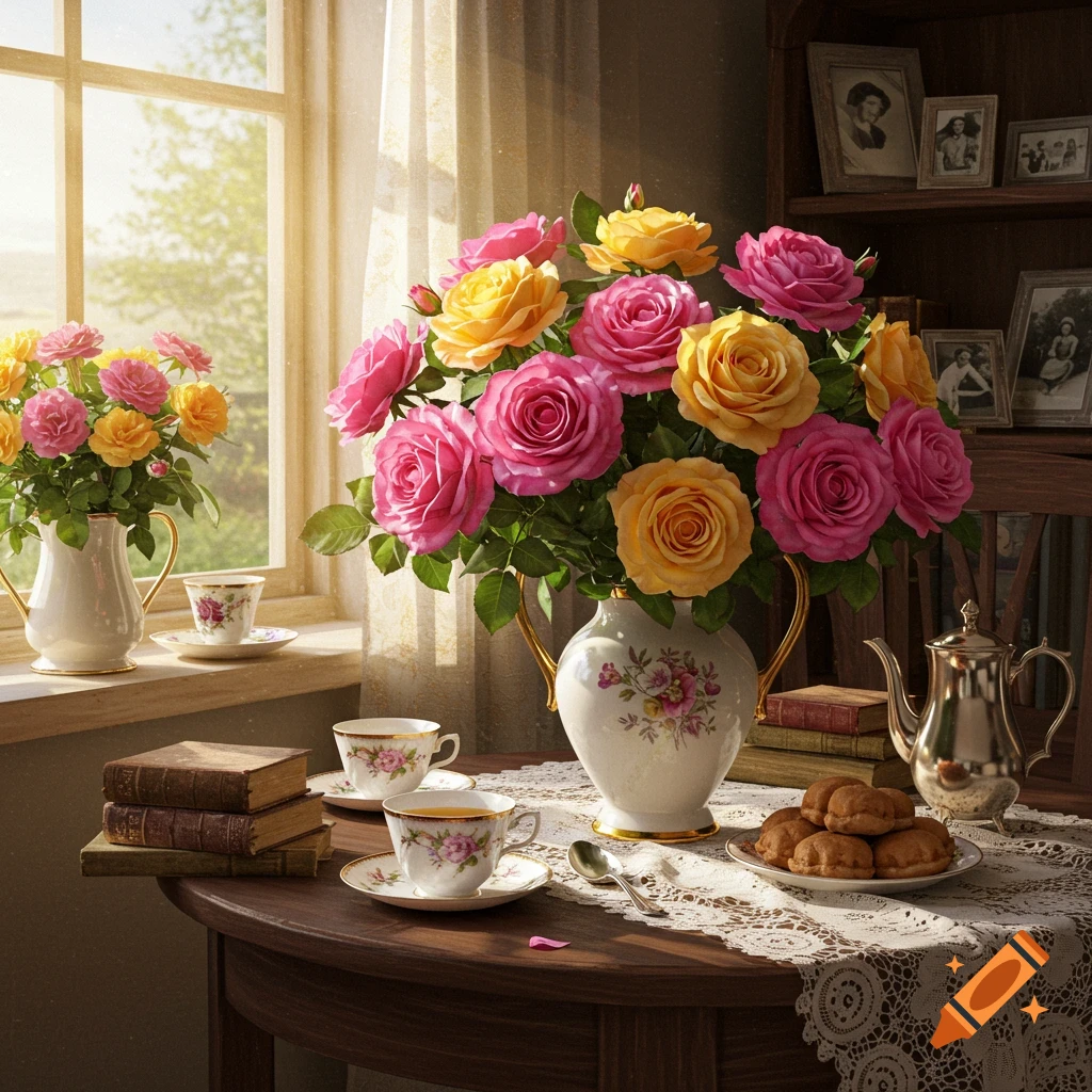 A still life of pink and yellow roses, tea cups, and books on a table in a sunlit room.