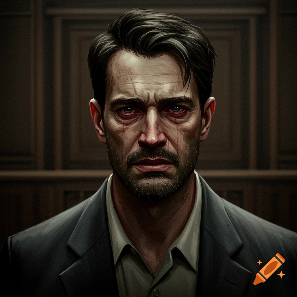 A determined man in a suit with tear-like marks on his face. His eyes are filled with anguish, and the setting is somber.