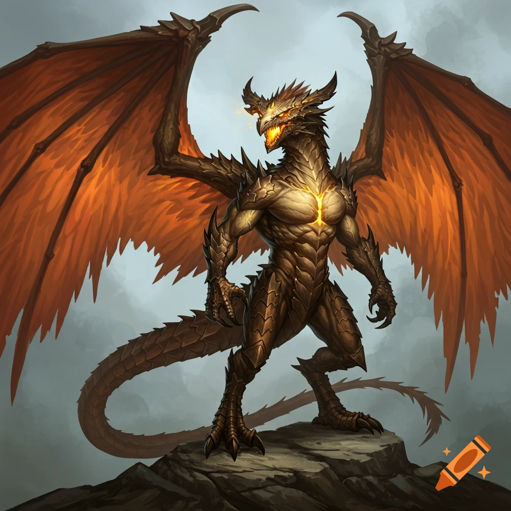 A muscular brown dragon with large orange wings stands on a rock.