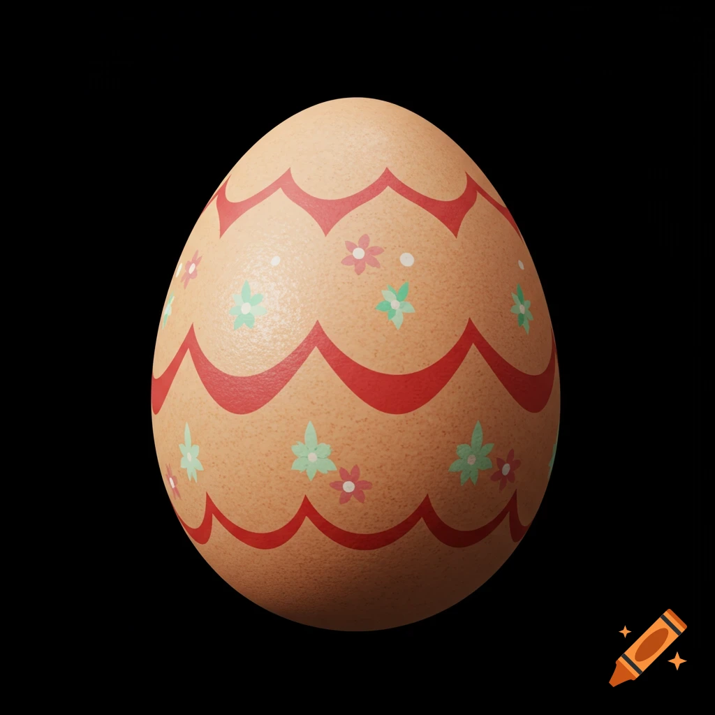 A digitally painted Easter egg decorated with red wavy bands and small flowers on a black background.
